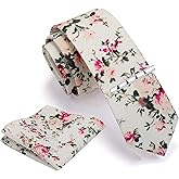 GUSLESON Fashion 2.4"(6cm) Cotton Floral Printed Necktie Tie Clip and Pocket Square Sets + Gift Box
