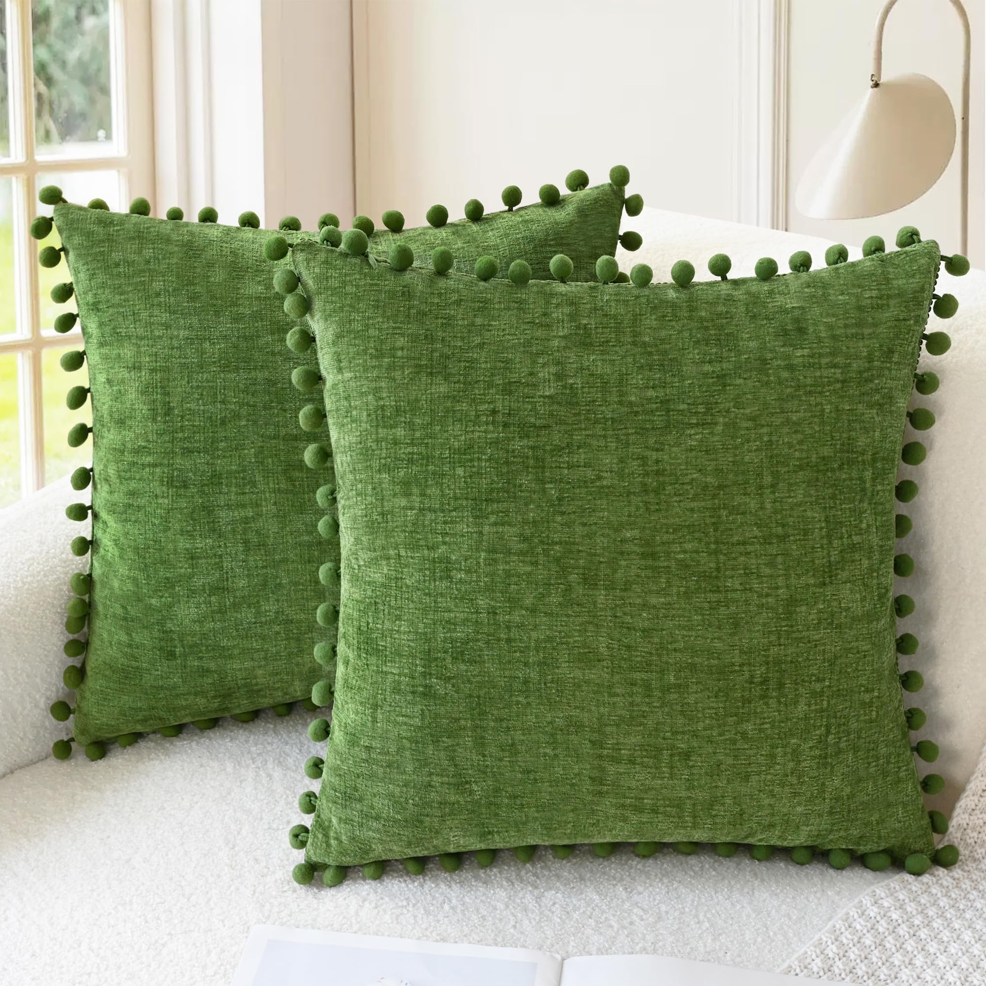 CaliTime Throw Pillow Cases Pack of 2 Cozy Solid Dyed Soft Chenille Cushion Covers with Pom Poms for Couch Sofa Home Decoration 50cm x 50cm Forest Green — image 1