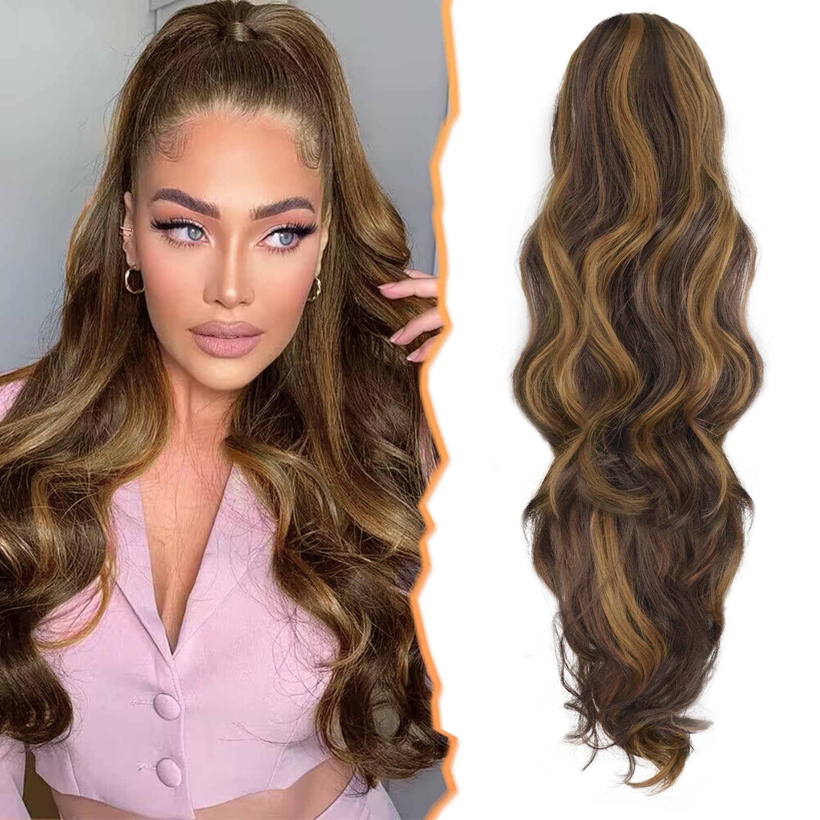 BARSDAR Ponytail Extension, Claw Clip Long Wavy Ponytail Hair Extensions Synthetic Clip in Ponytail Hairpiece for Women Girls Daily Use Party(20'', Brown with Golden Auburn Highlights)