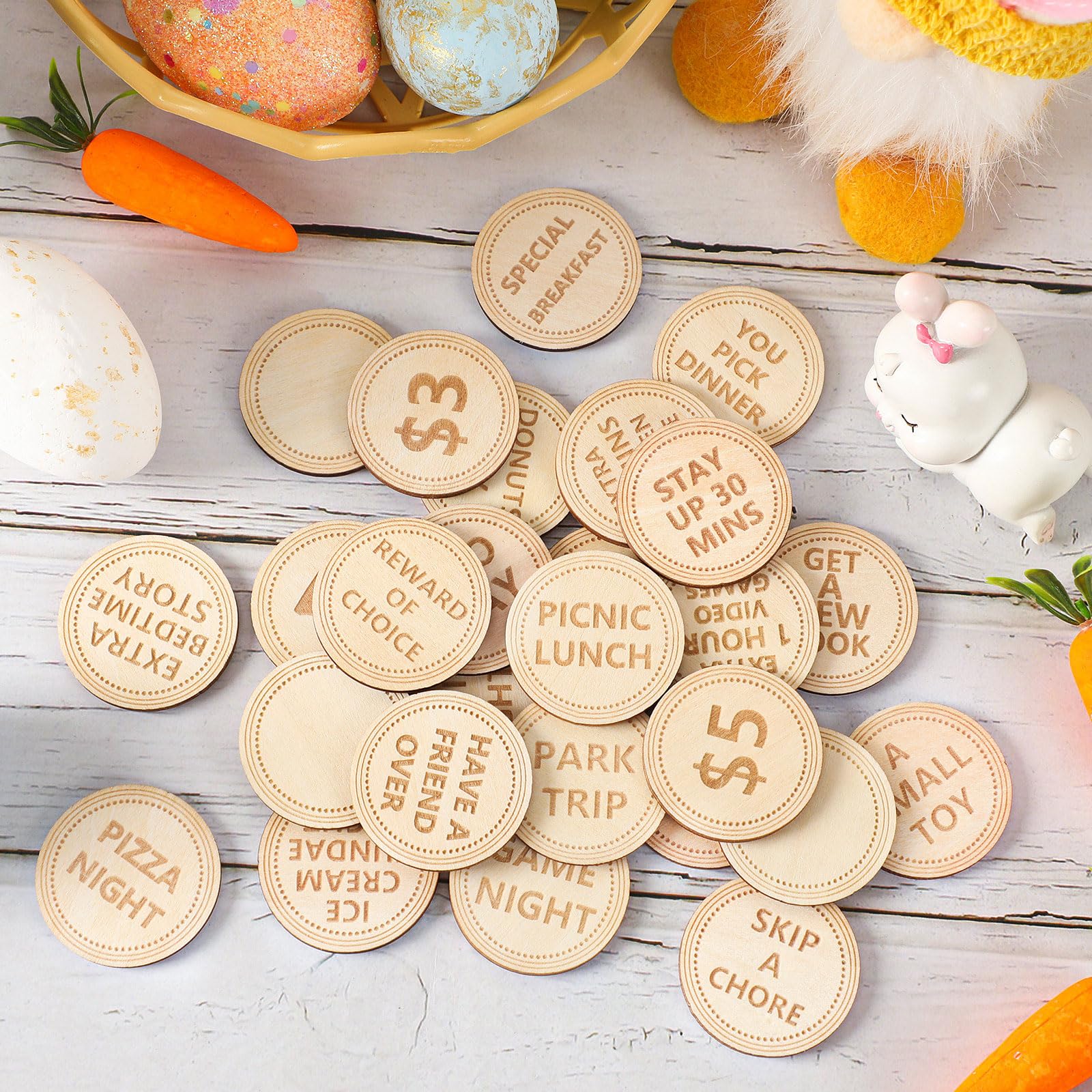 CypherX Easter Egg Fillers- Wooden Easter Reward Tokens, Easter Prizes Stuffers 