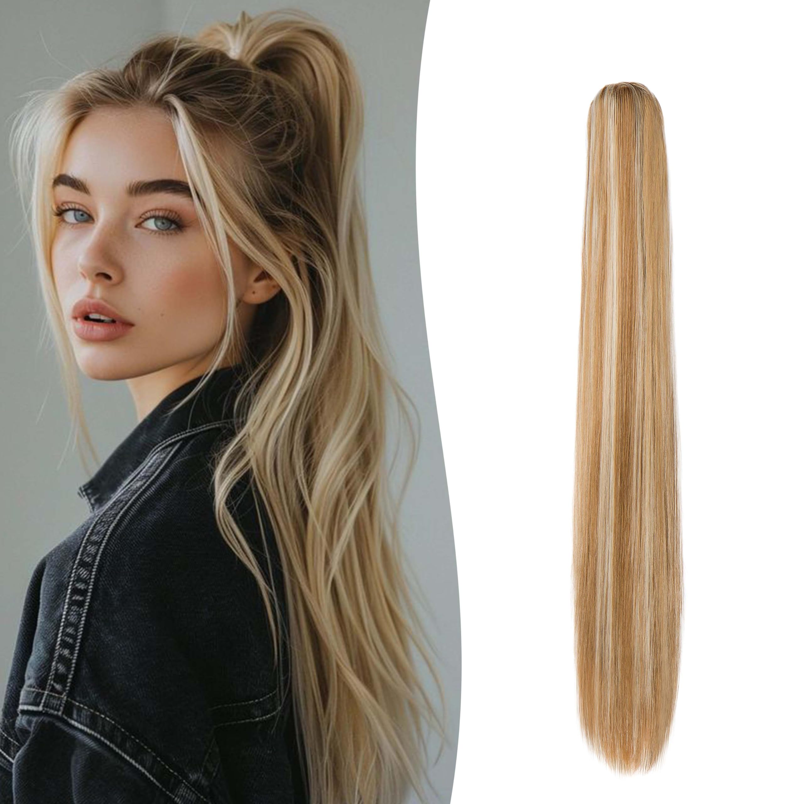 Gairyan Clip in Ponytail Hair Extensions 24 inch Ponytail Extension Long Straight Pony Tails Claw on Ponytail Synthetic Hairpieces for Women Soft Natural Look (Dark Blonde & Bleach Blonde)