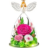 Flomoon Gifts for Women Preserved Roses for Valentines Day in Glass Angel Figurine Real Colorful Roses Forever Flowers Birthday Gifts for Her Grandma Sister Daughter Wife, Hot Pink