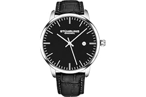 Stuhrling Original Mens Black Watch Calfskin Leather Strap Classic Dress Wrist Watch Minimalist Analog Watch Dial with Date Mens Black Watch