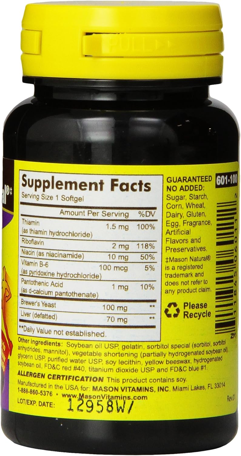 Mason Natural, Vitamin B Complex Multivitamin, Softgel, 100-Count Bottles (Pack of 3), Dietary Supplement Supports Energy Production, Nervous System, and Cognitive Function Including Memory: Health & Personal Care
