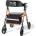 Walkers for Seniors, Orange Rollator Walkers with Seat, 8" Big Wheels Adult Lightweight Rollator with Seat & Backrest, Dual Adjustable Height Foldable Aluminium Medical Walker with Brakes| Deep Orange