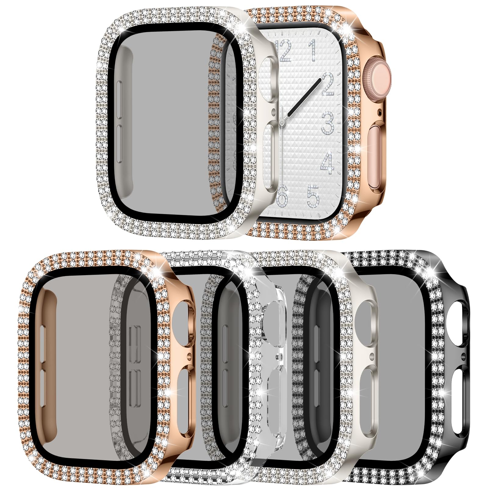 Easuny 4 Pack Privacy Bling Case with Tempered Glass Screen Protector for Apple Watch 42mm Series 11/10, Womens Diamond Rhinestone Hard PC Anti Spy Full Protective Face Cover for iWatch Accessories