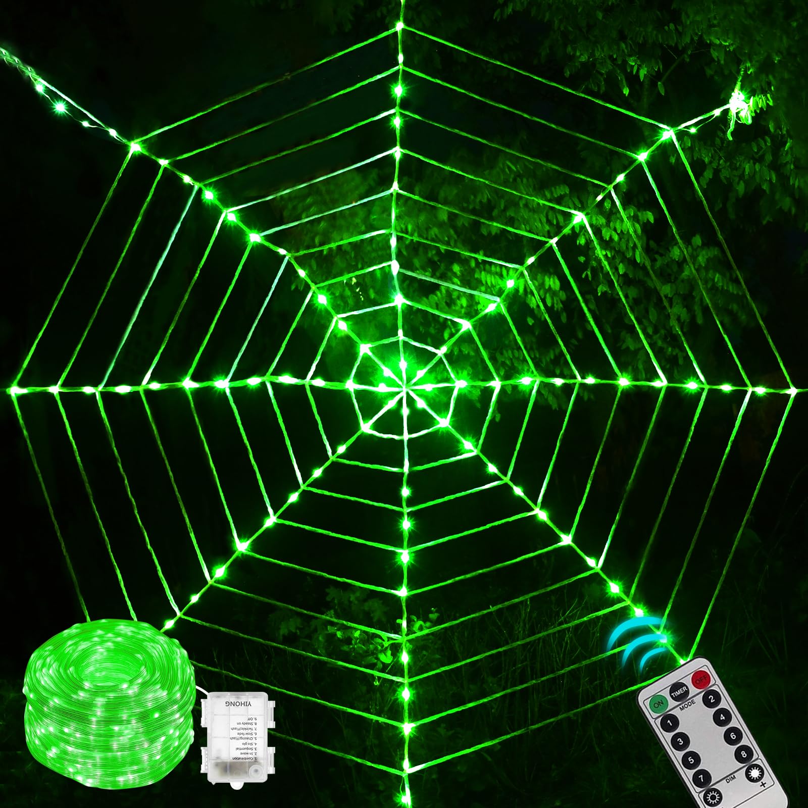 Photo 1 of Sinranac 144 LED Round Halloween Spider Web Lights Decoration, 3.6 m Giant Net Light Fairy Lights with Remote Control Light Net Decoration Outdoor Indoor, Green