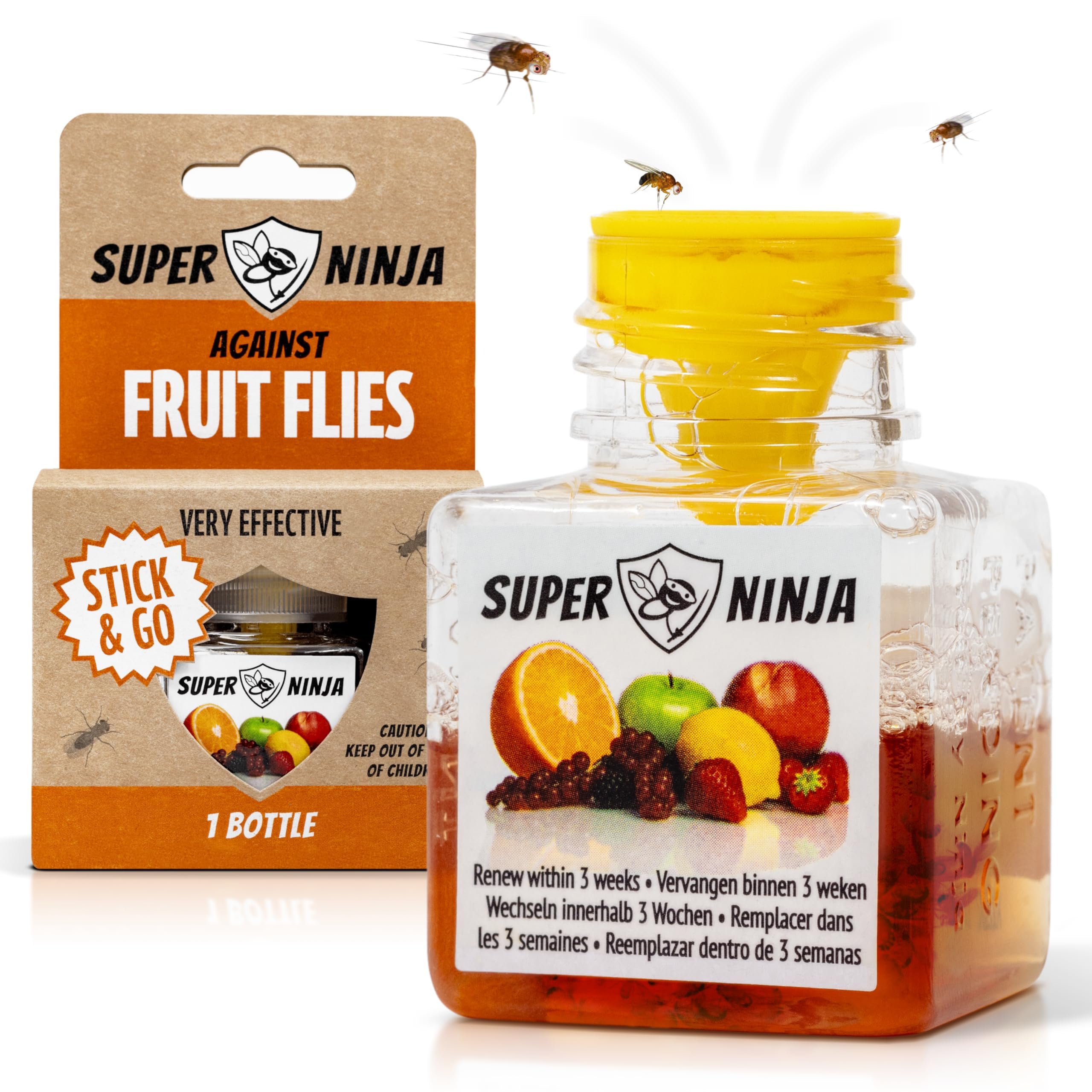 Super Ninja Fruit Fly Trap - 1 pack, Highly Effective Fruit Fly Killer for Home & Kitchen, Up to 3 Weeks of Performance per Bottle, Child & Pet Friendly