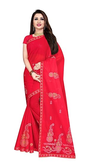 Womens pure cotton Embroidered saree without blouse piece (EMB_Scarlet_Malmal)