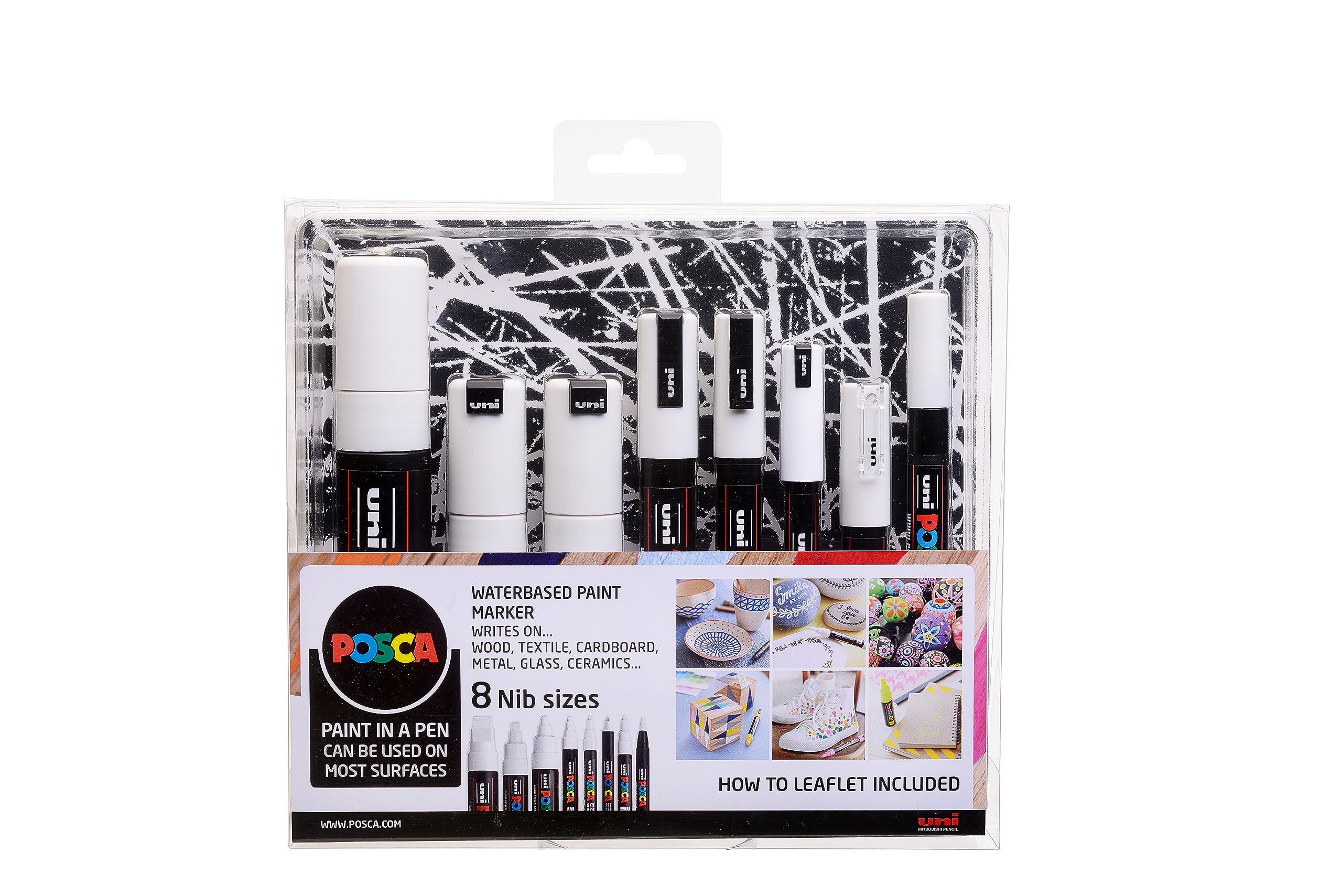 POSCA Permanent Marker White Paint Pens. All Nib Sizes for Art & Crafts. Multi Surface Use On Wood Metal Paper Canvas Cardboard Glass Fabric Ceramic Rock Stone Pebble Porcelain. Set of 8