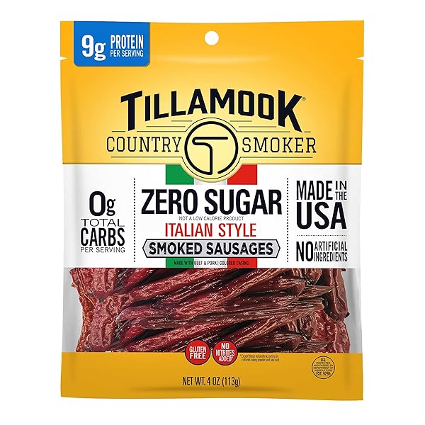 TILLAMOOK COUNTRY SMOKER SMOKED SAUSAGE, ZERO SUGAR, ITALIAN STYLE, 4 OUNCE (1 PACK) REAL HARDWOOD SMOKED ITALIAN SAUSAGES, LOW CARB, HIGH PROTEIN, READY TO EAT KETO SNACK