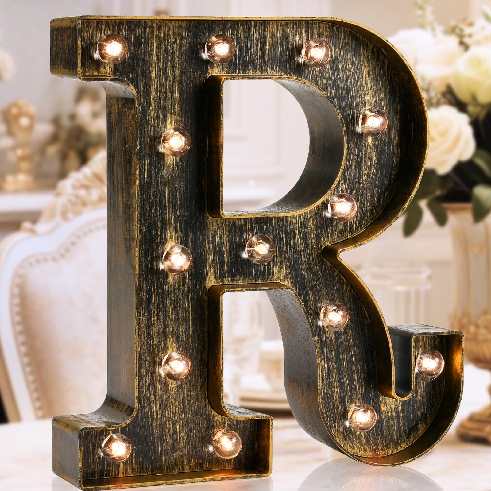 Golden Black Led Marquee Letter - Industrial, Vintage Style Light Up Alphabet Letter Sign for Cafe Wedding Birthday Party Christmas Lamp Home Bar Initials Decor - R