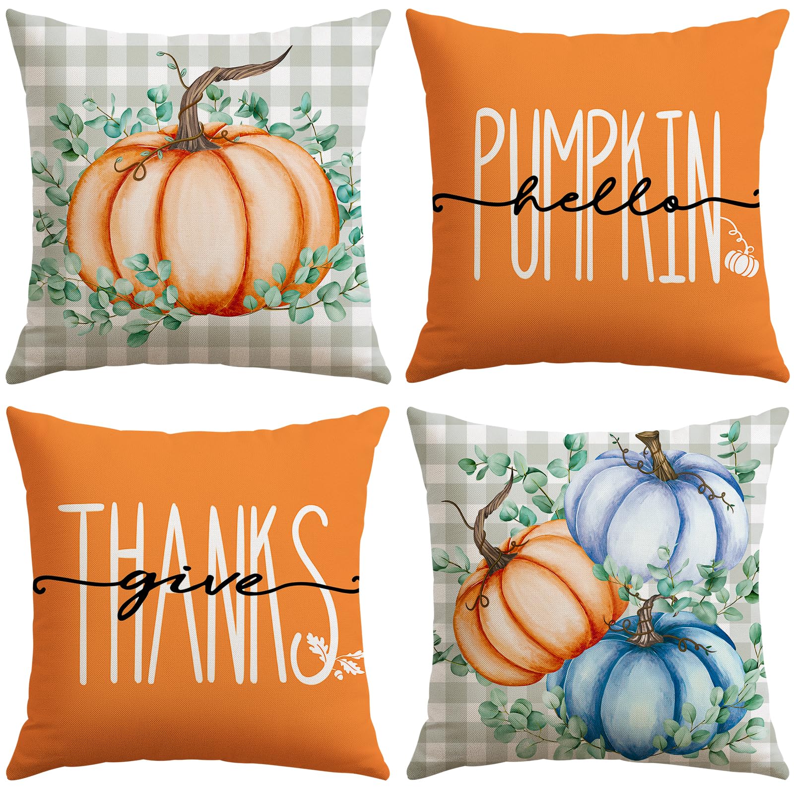 Photo 1 of ***COVERS ONLY*** Artscope Fall Decorative Throw Pillow Covers 18x18 Inch Set of 4, Hello Pumpkin Give Thanks Buffalo Plaid Outdoor Farmhouse Pillow Cases for Home Sofa Couch-Orange
