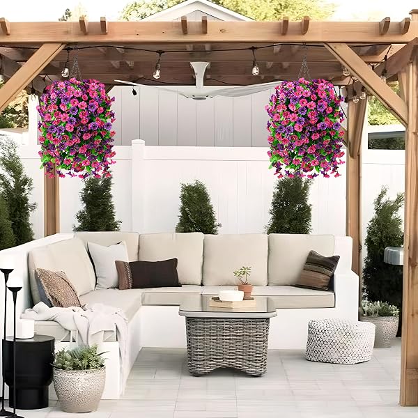 INQCMY ARTIFICIAL FLOWERS FOR OUTDOOR SPRING SUMMER DECORATION FAUX SILK MORNING GLORY FAKE HANGING FLOWERS UV RESISTANT LOOK REAL FOR HOME PORCH (3PCS FUCHSIA&PURPLE +1 BASKET)