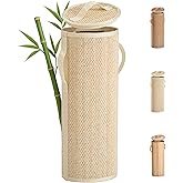 WAOHANAZ Bamboo Toilet Paper Storage Basket with Lid & Handle - 10L Handwoven Bathroom Organizer for 4 Rolls - Sturdy Stand Holder for Toilet Paper Organization, Light Natural