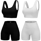 YWBIN 4 Piece Workout Sets for Women Seamless Ribbed High Waist Yoga shorts with Sports Bra Outfits