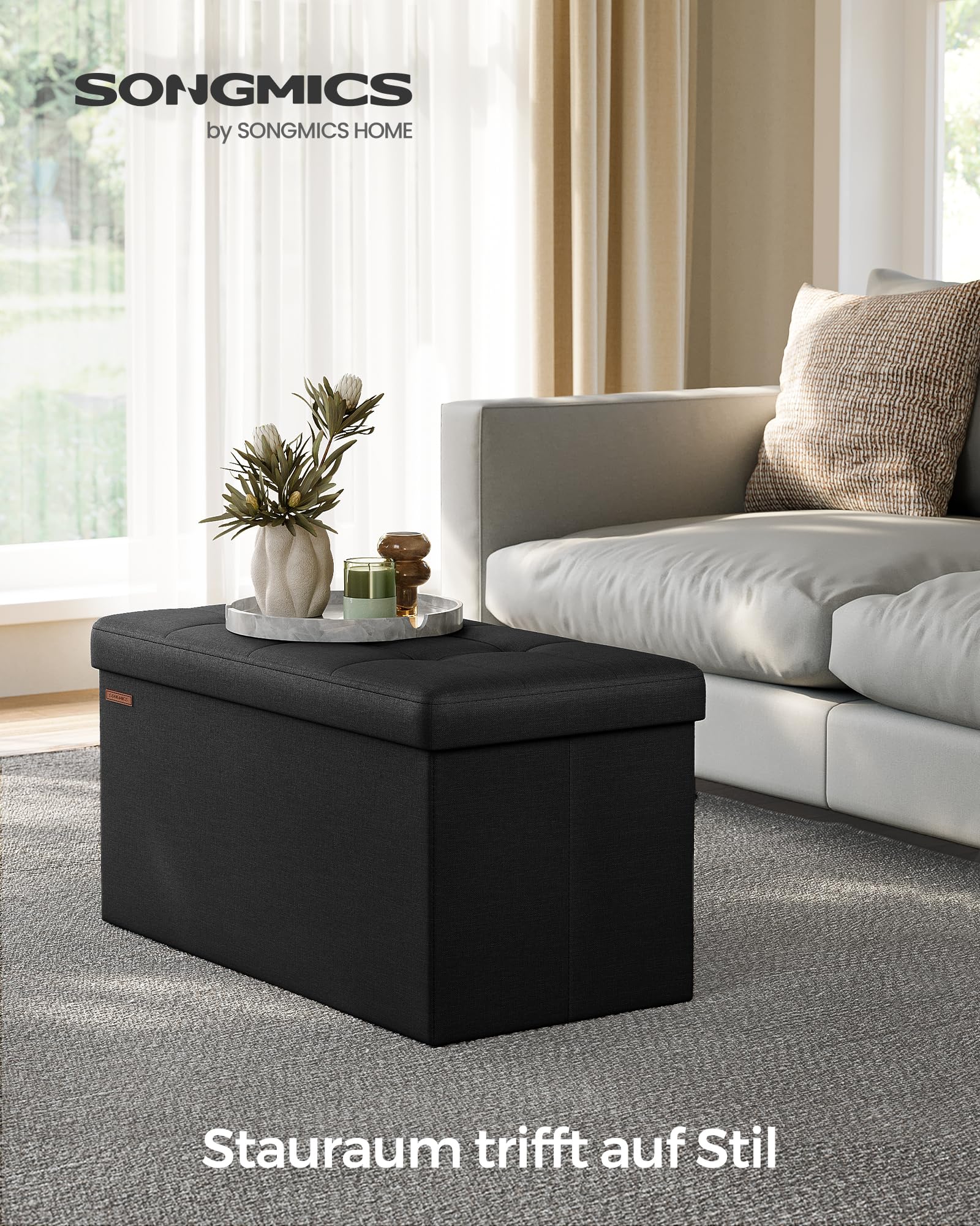 SONGMICS Sitzhocker mit Stauraum, klappbare Sitzbank, 38 x 76 x 38 cm Fußbank, Aufbewahrungsbox, bis 300 kg belastbar, für Wohnzimmer Schlafzimmer Flur, tintenschwarz LSF047B01 3