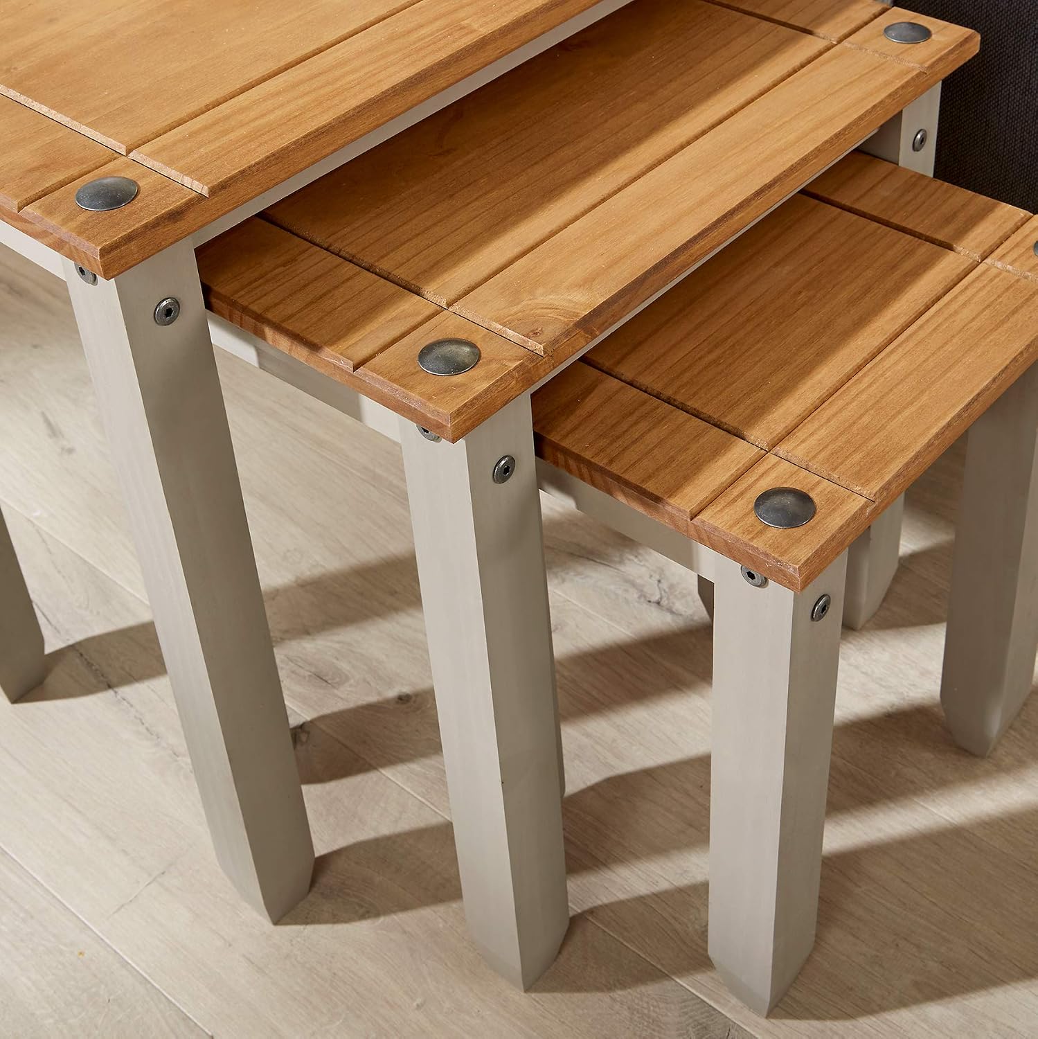 Home Source Solid Pine Wood Nest of Tables, Set of 3 for Living Room Grey Finish - Image 3