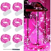 6 Pack Pink Valentine's Day Led Fairy Lights Battery Operated, Valentines String Lights Waterproof Silver Wire 7 Feet 20 Led Firefly Starry Moon Lights for DIY Wedding Galentine's Day Party Bedroom