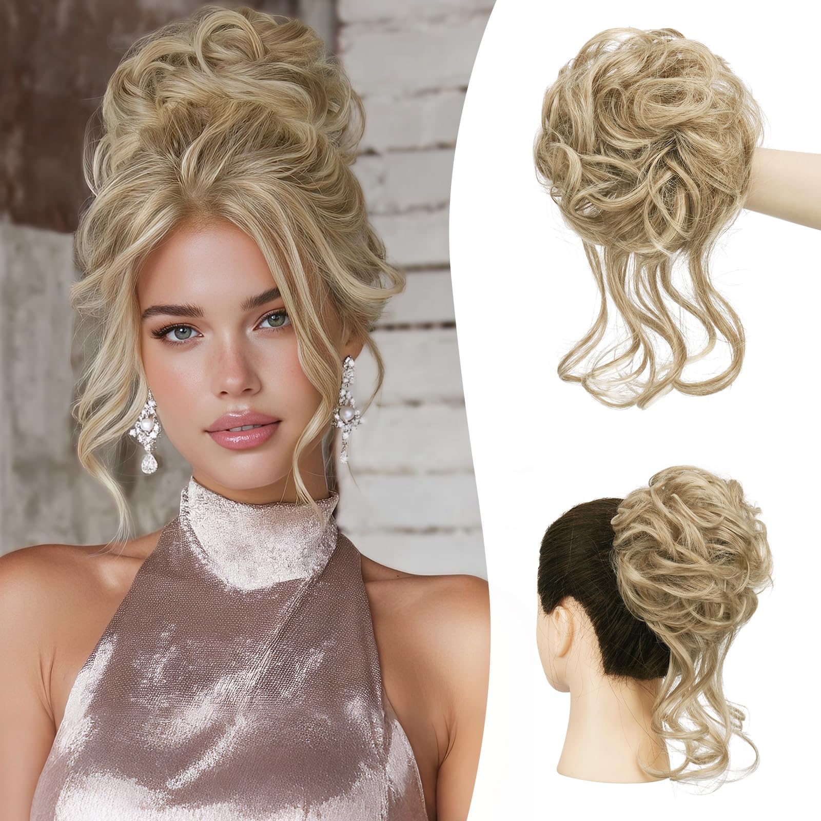 Sofeiyan Messy Bun Hair Piece Curly Wavy Hair Bun Extensions Synthetic Tousled Updo with Tendrils Hairpieces Bun Donut Accessories Scrunchies for Women, Light Ash Blonde Mix Pale Blonde