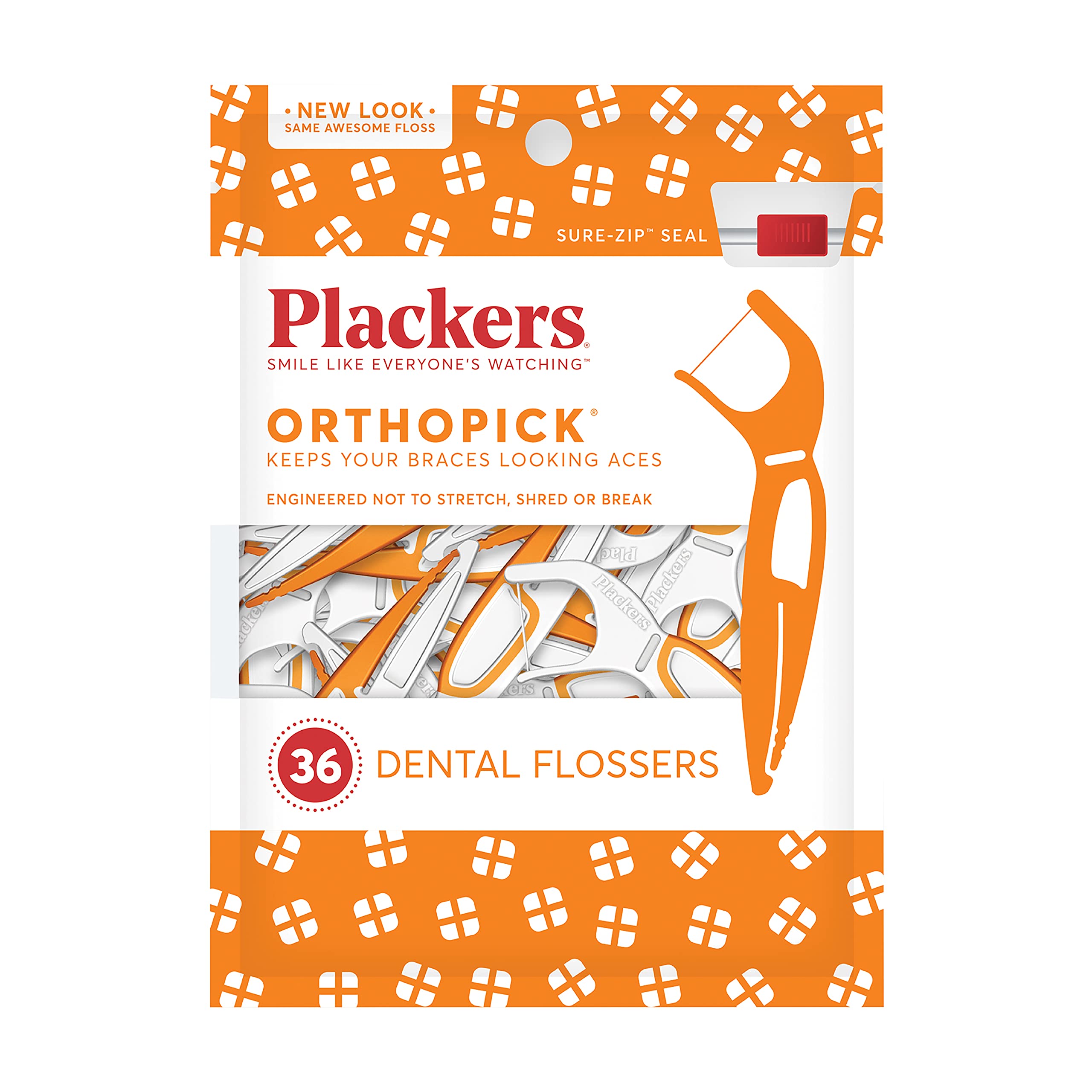 Photo 1 of Plackers Orthopick Floss Picks, Unflavored, Designed for Braces, Fold-Out FlipPick, Tuffloss, Easy Storage with Sure-Zip Seal, 36 Count