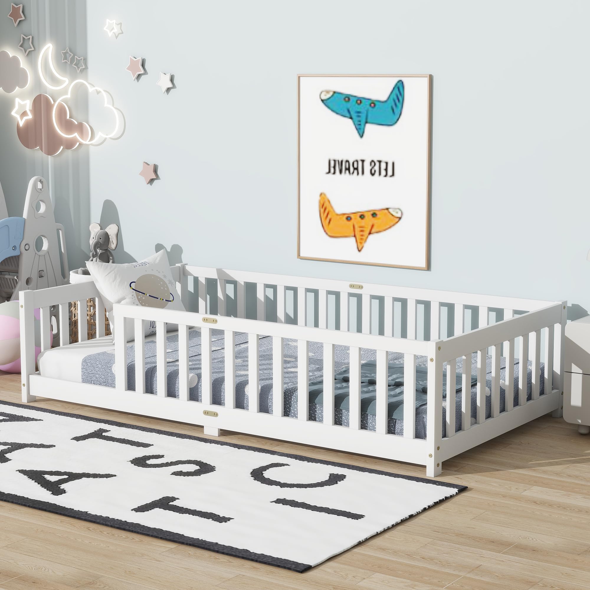 Photo 1 of Twin Size Kids Montessori Floor Bed,Twin Floor Bed Frame with Slats,Solid Wood Twin Bed Frame for Girls Boys,White