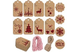 LOKIPA 120 Pieces Christmas Kraft Paper Gift Tags Hang Labels with Red and Black Plaid Snowflake Christmas Tree Elk Patterns and 230 Feet Twine Rope for Christmas