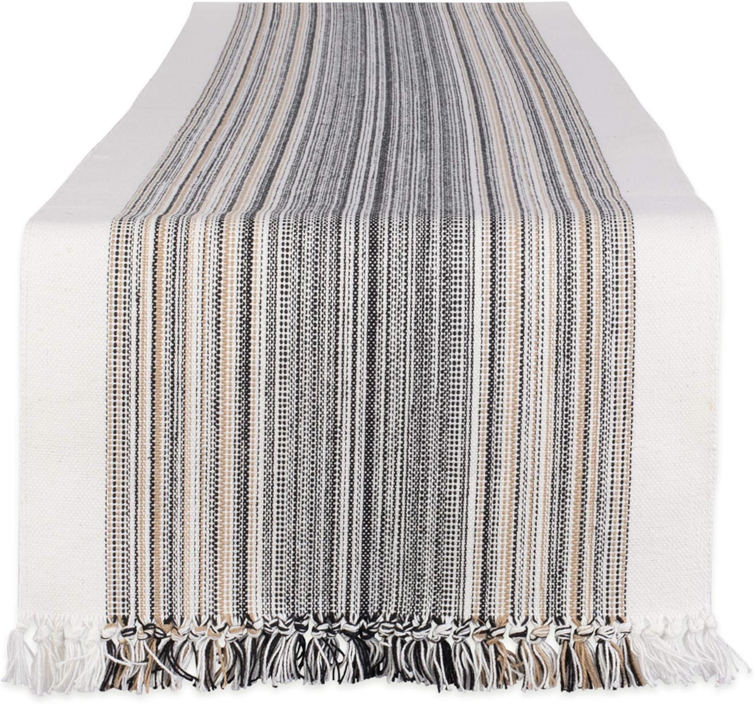 DII Everyday Collection Fringed Stripe Tabletop, Table Runner, 14x108, Black