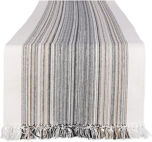 DII Everyday Collection Fringed Stripe Tabletop, Table Runner, 14x108, Black