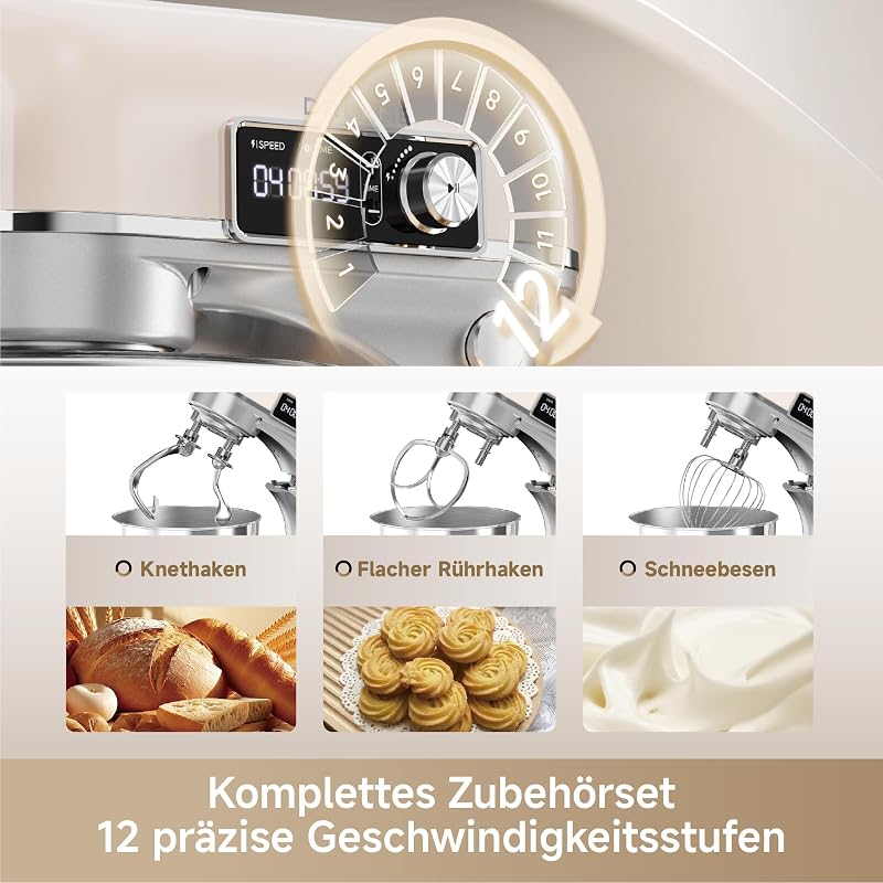 MX60 Küchenmaschine Standmixer Patentierter Doppelknethaken und ein lautloser 800-W-DC-Motor treiben die 6-L-Schüssel an. Intelligentes digitales Display, 12 Geschwindigkeiten