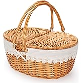 Wicker Picnic Basket with Removable Liner, Empty Picnic Baskets with Lid, Vintage-Style Picnic Hamper with Folding Woven Handle for Picnic, Camping, Outdoor, Halloween, Thanks Giving, Birthday (Cream)