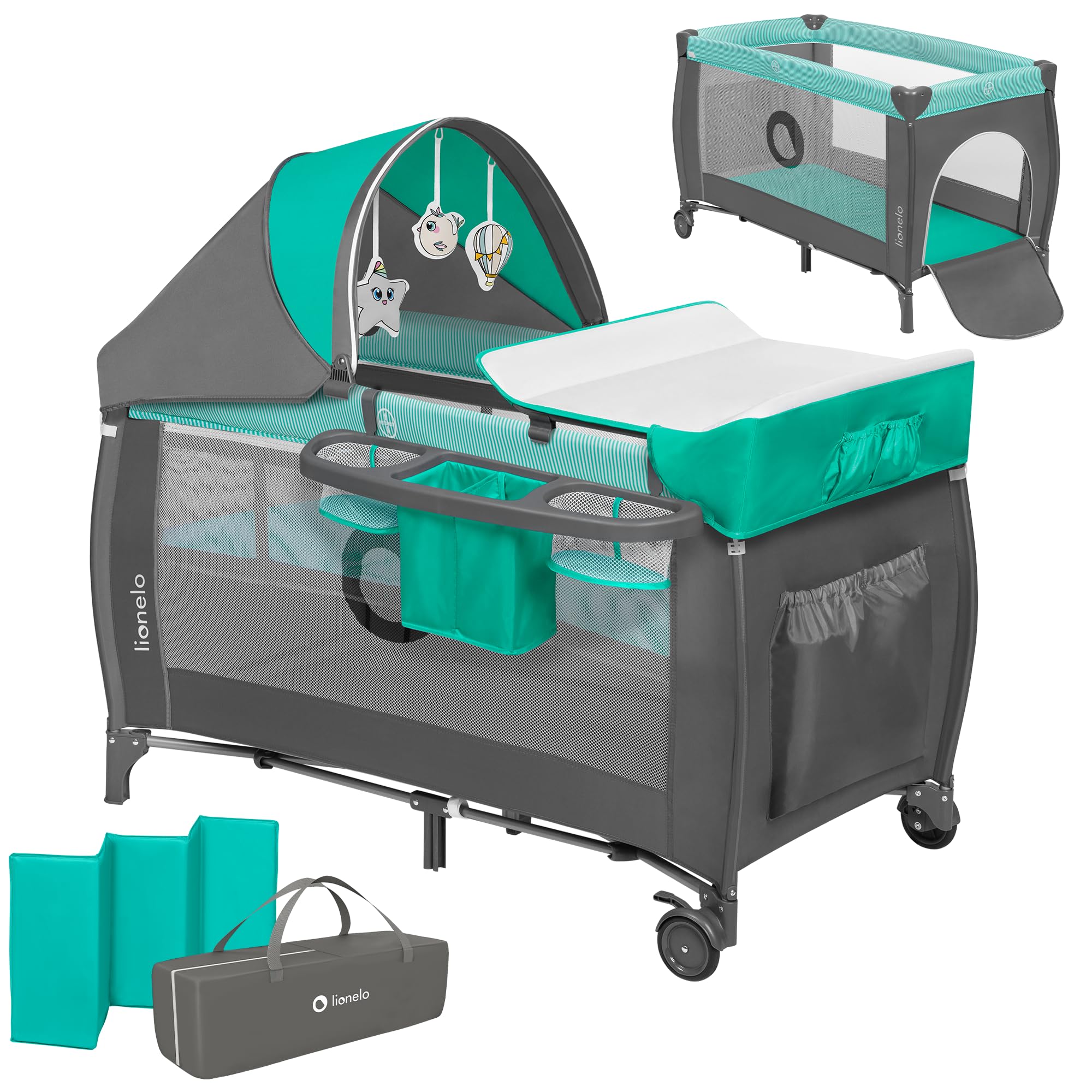 Lionelo Sven Plus 2in1 Travel Cot and Portable Baby Zone for newborns 0-36 Months Foldable with 2-level Heights, Changing Table, Mattress, Side Entrance Mesh Walls Mosquito Net Canopy Wheels Organiser