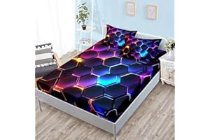 HOSIMA 3D Honeycomb Twin Size Bedding Set,Geometric Hexagon Pattern Fitted Sheet for Kids Teen Boy Room Decor,Lightweight Colorful Neon Lights Twin Bedding,1 Fitted Sheet+2 Pillowcases.