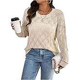BEAUDRM Women's Plus Size Crochet Sweaters Crew Neck Long Sleeve Lightweight Sweater Hollow Out Pullover Knit Tops