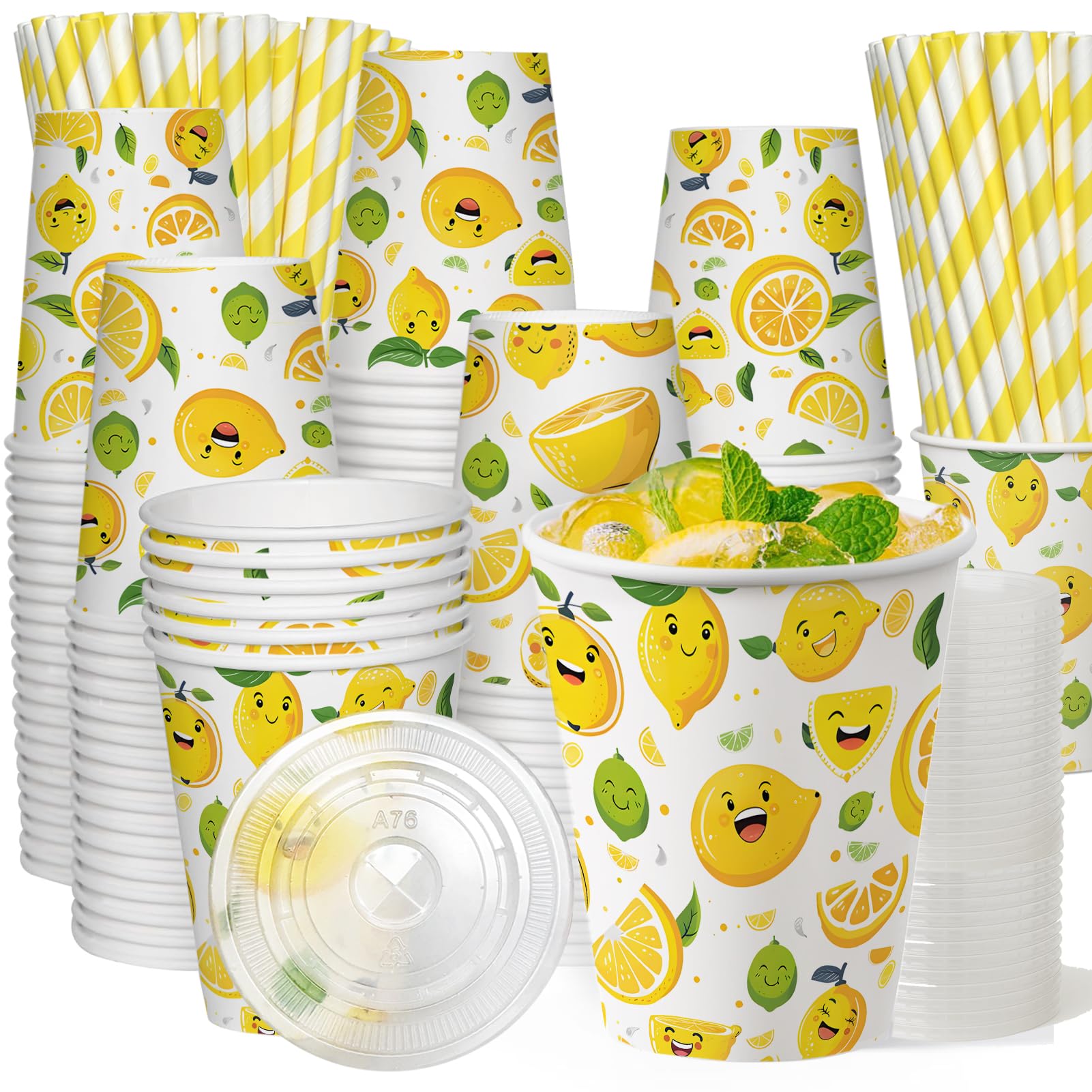 Photo 1 of 100 Sets 300 Pcs 9 Oz Lemonade Cups With Lids And Drinking Straw, Lemonade Stand Supplies, Lemon Patterned Summer Cold Drink Cup, Disposable Fruit Juice Coffee Paper Cup, Party And Outdoor Supplies