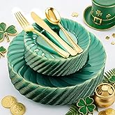 YOUBET 125PCS Clear Green Plastic Plates with Gold Rim - Green and Gold Plastic Plates Include 25 Dinner Plate 25 Dessert Plate 75 Disposable Silverwares for Wedding & Party