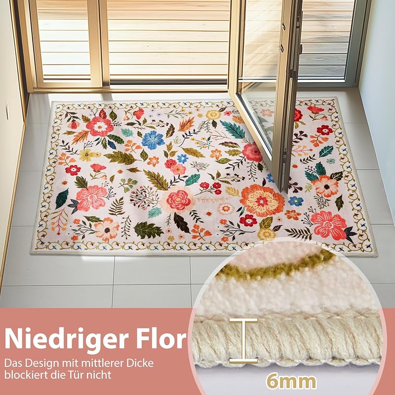 Alfombra de salón, 140 x 200 cm, estilo vintage floral, lavable y antideslizante, estampado plano, diseño ultrafino, ideal para dormitorios, habitaciones infantiles, baños y lavanderías, color beige — foto 2 de 8