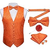 DiBanGu Silk Paisley Vest for Men Formal Suit Waistcoat and Bowtie Lapel Pin Set 7PCS Dress Vest for Suit or Tuxedo
