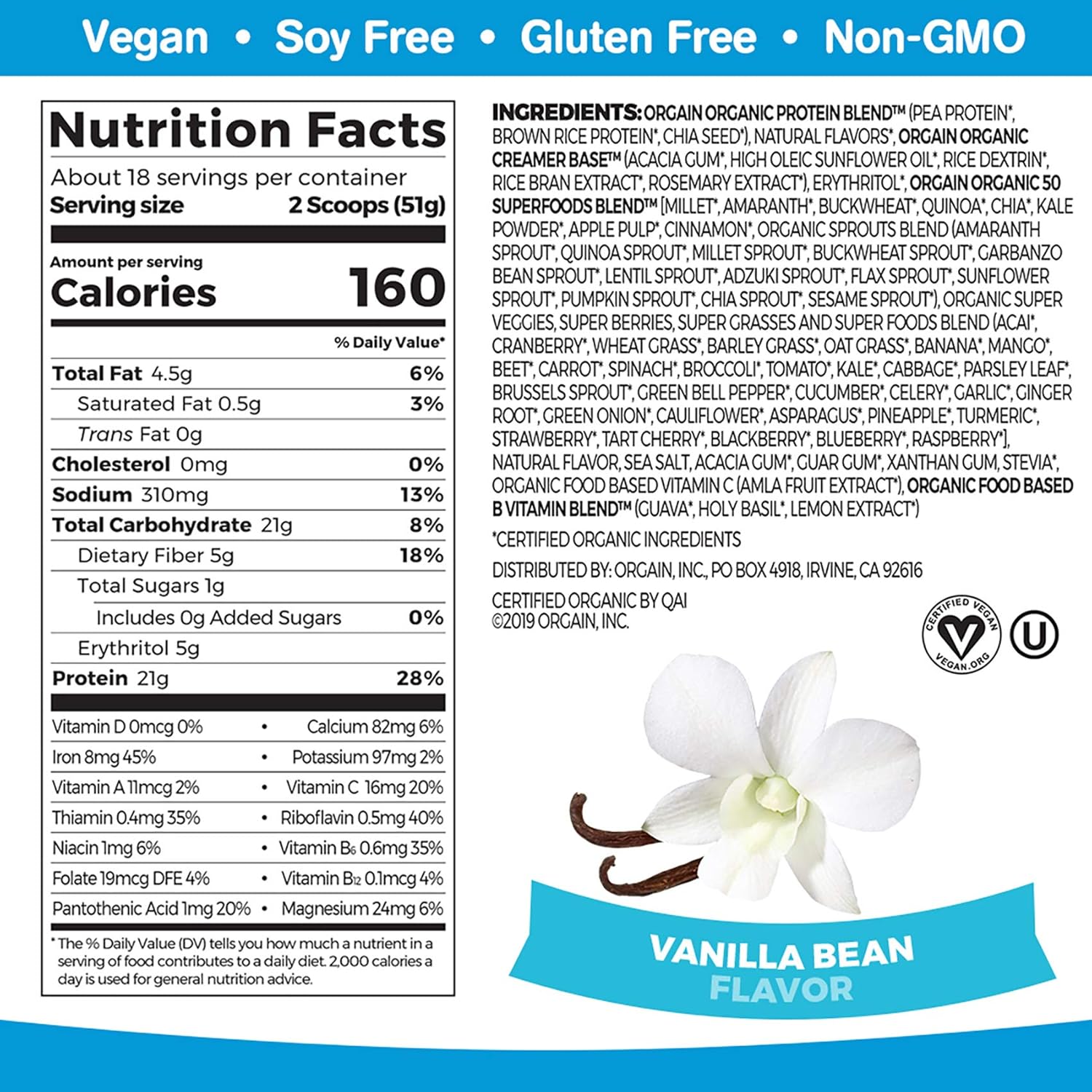 Orgain Organic Plant Based Protein + Superfoods Powder, Vanilla Bean - Vegan, Non Dairy, Lactose Free, No Sugar Added, Gluten Free, Soy Free, Non-GMO, 2.02 Lb: Grocery & Gourmet Food