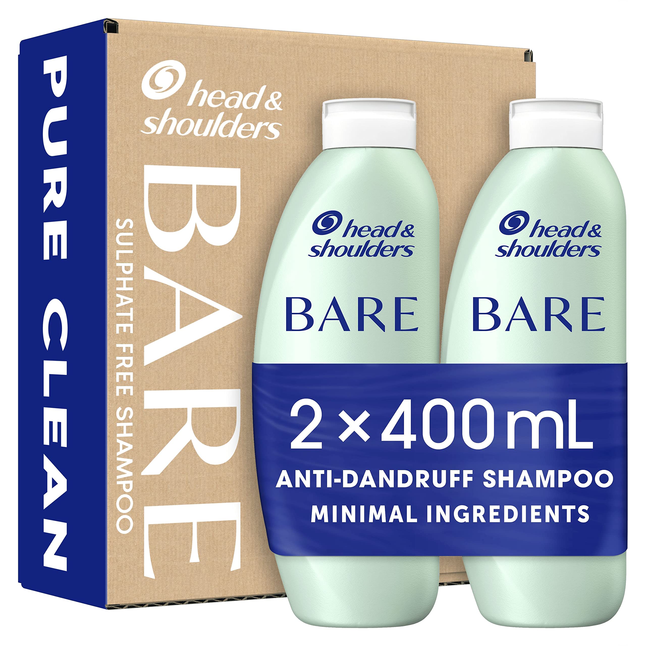 Head & Shoulders Anti dandruff Shampoo, Pure Clean, Sulphate free, 2 x 400 ml, Duo Pack. Bare Shampoo For Oily Scalp, Minimal Ingredients, Free from Dyes