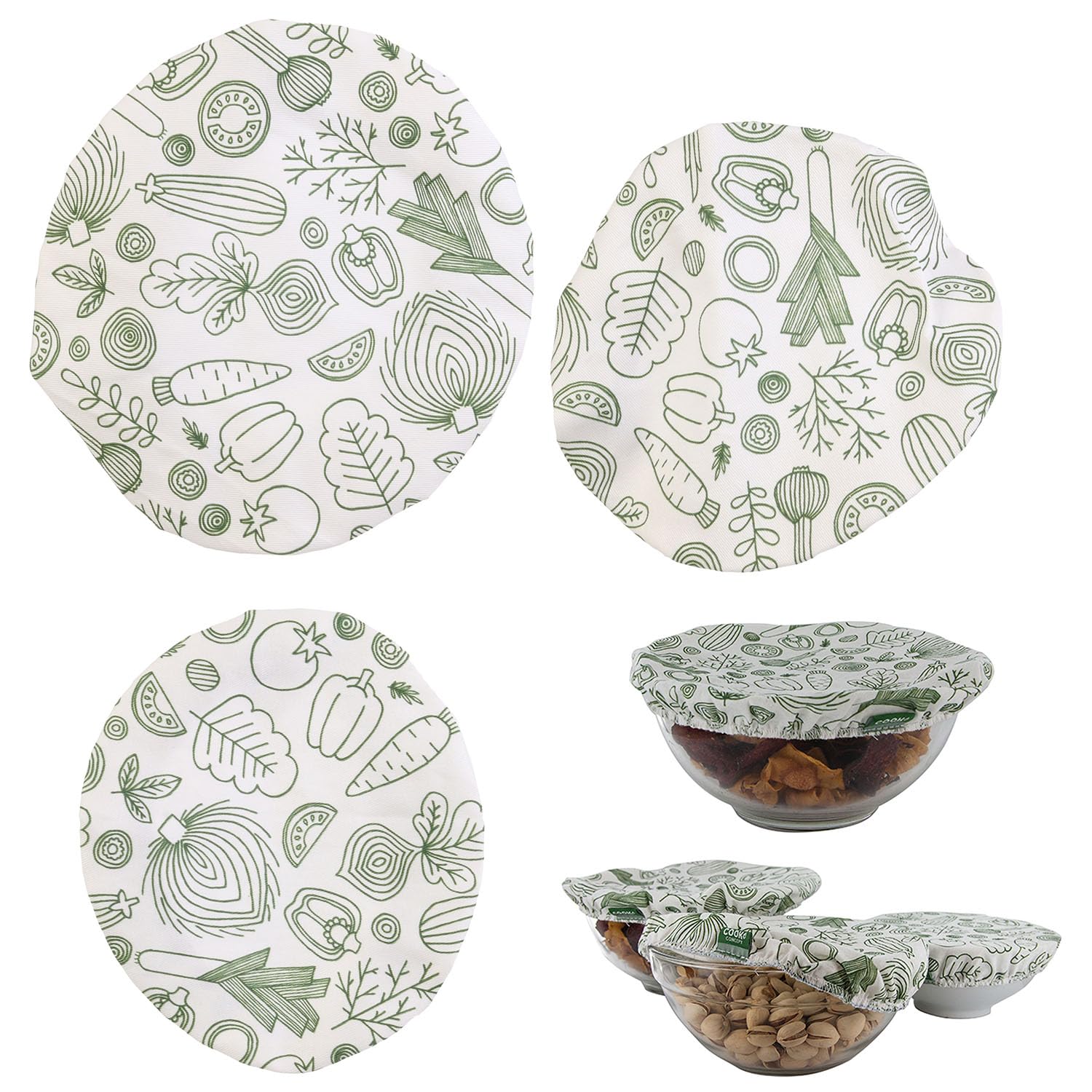 COOK CONCEPT KB6041 Cook Concept KB6041 Reusable Fabric Lid X3, Textile-Cotton, White Green, 21 x 21 x 5 cm