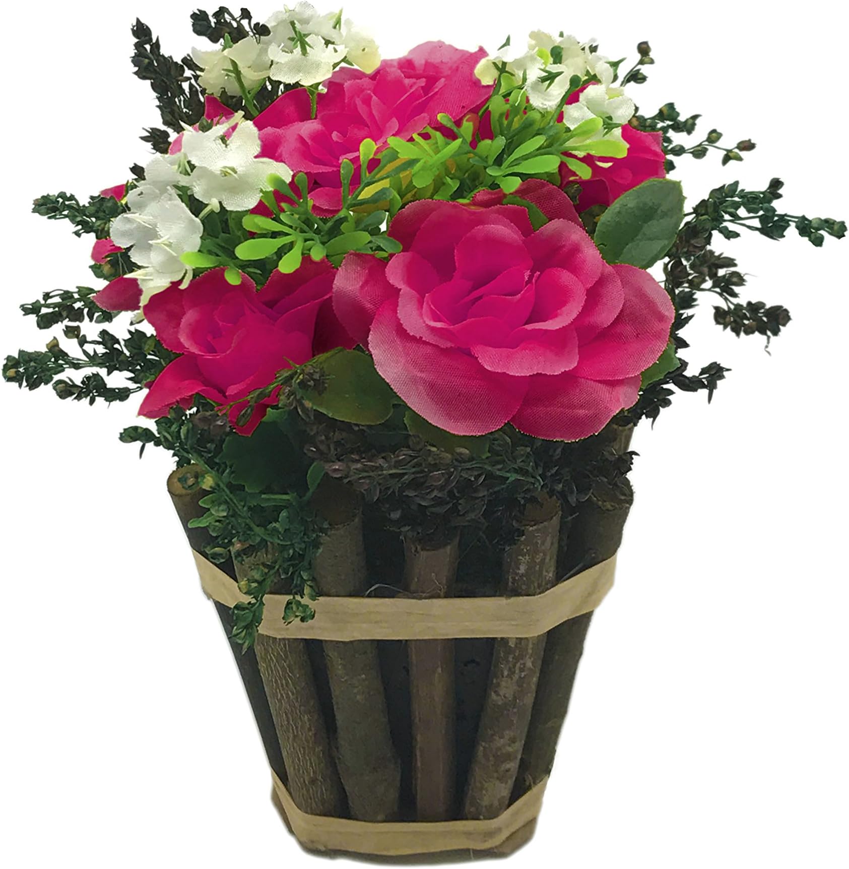 ChosenTech Artificial Fake Flowers includes Wooden Receptacle Basket, Plastic Flower for Gift, Arrangements Bridal, Home, Bedroom, Floor, Garden, Office, Wedding, Party & Decor (Red)