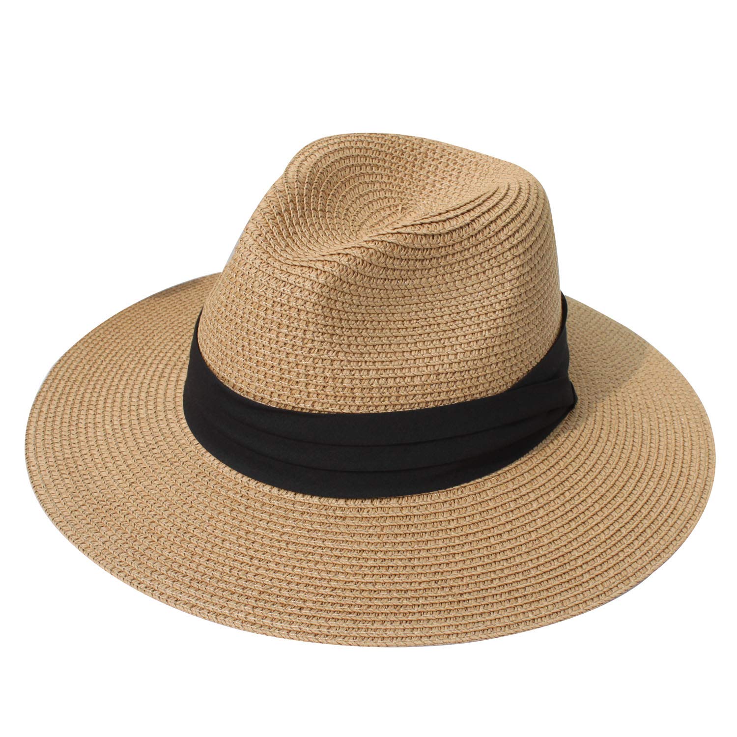 Photo 1 of DRESHOW Women Straw Panama Hat Travel Fedora Beach Sun Hat Summer Wide Brim Straw Roll up Hats UPF 50+