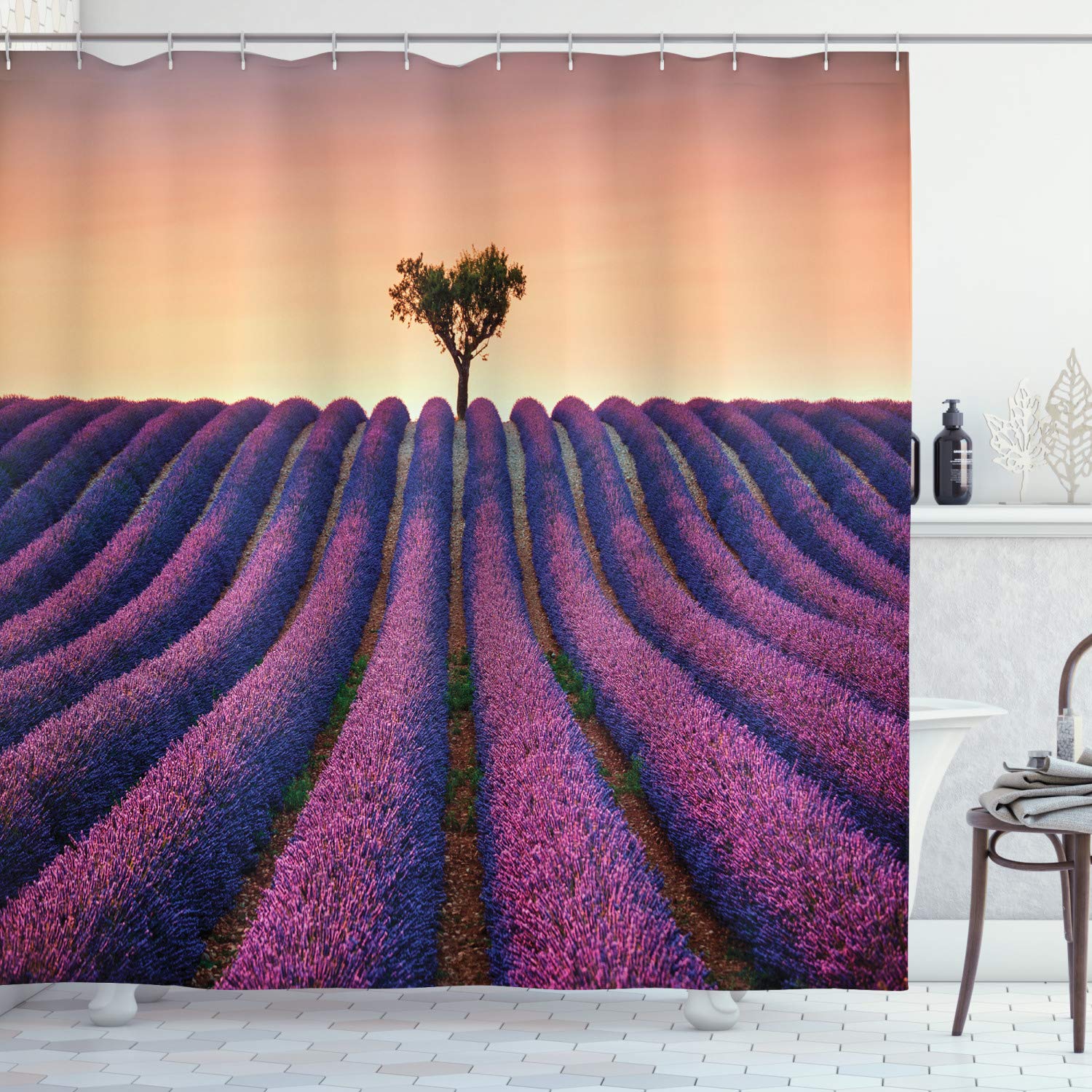 ABAKUHAUS Tree Shower Curtain, Lavender Flowers Blooming Field and a Tree Uphill on Sunset Valensole France Print, Cloth Fabric Bathroom Decor Set with Hooks, 78" Inches, Purple Lavender — image 1