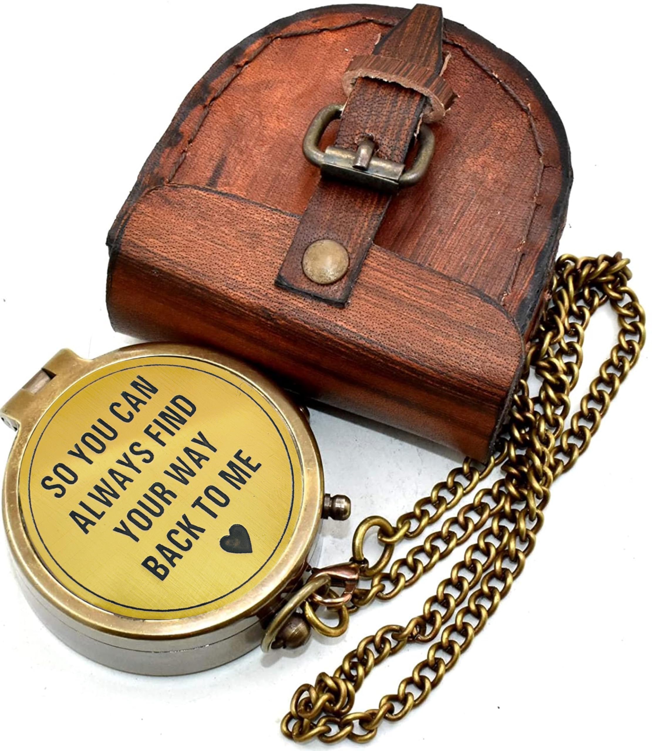 Photo 1 of ''So You Can Always Find Your Way Back to Me'' | Engraved Pocket Compass with Leather Case for Couple Compass, Gift for Husband, Gift for Wife, Birthday Gift.