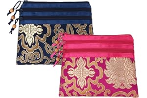 kilofly 2 pc Chinese Silk Brocade 3 Zipper Pocket Tassel Jewelry Bag Gift Pouch