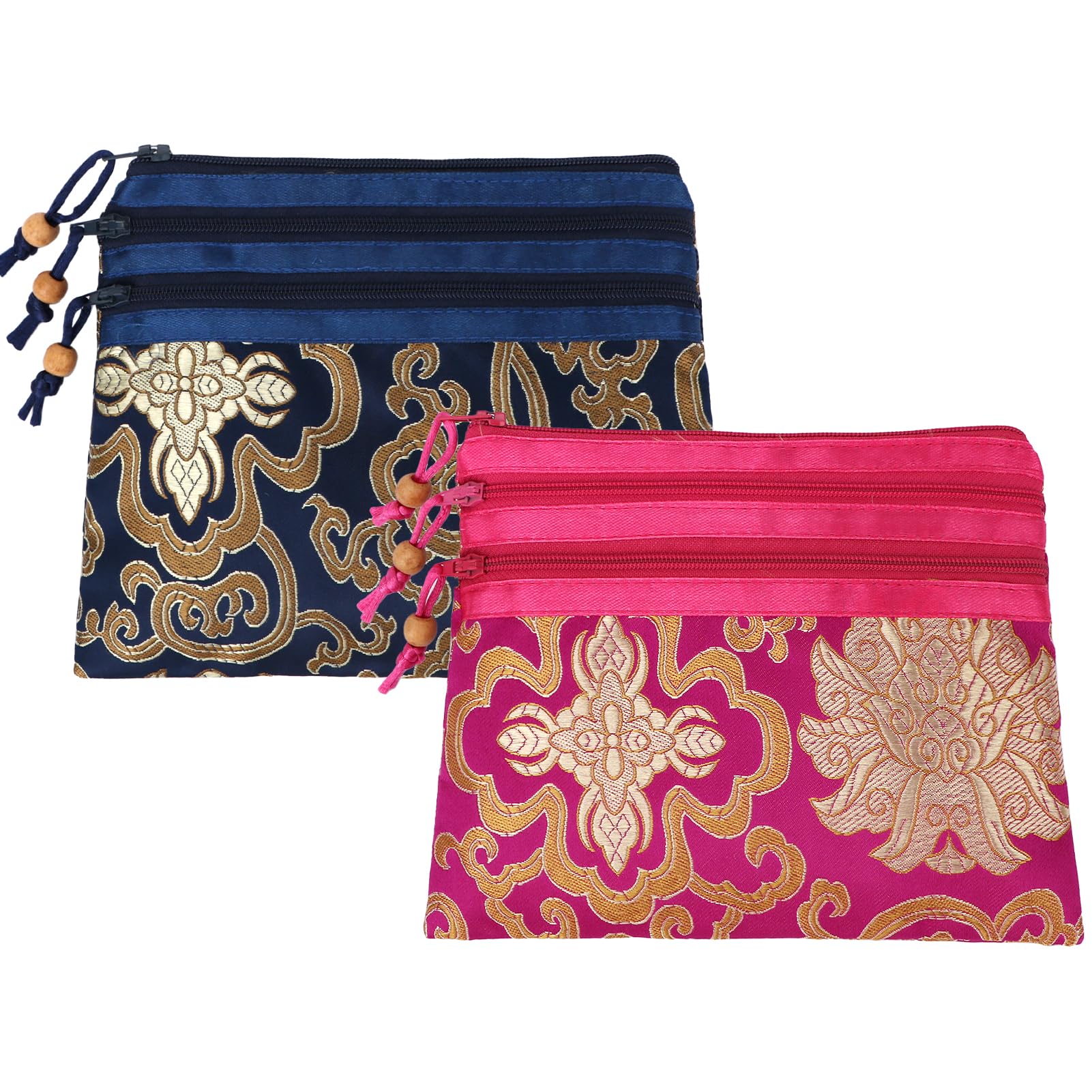 kilofly Chinese Silk Brocade 3 Zipper Pockets Jewelry Pouch Bag, Set of 2