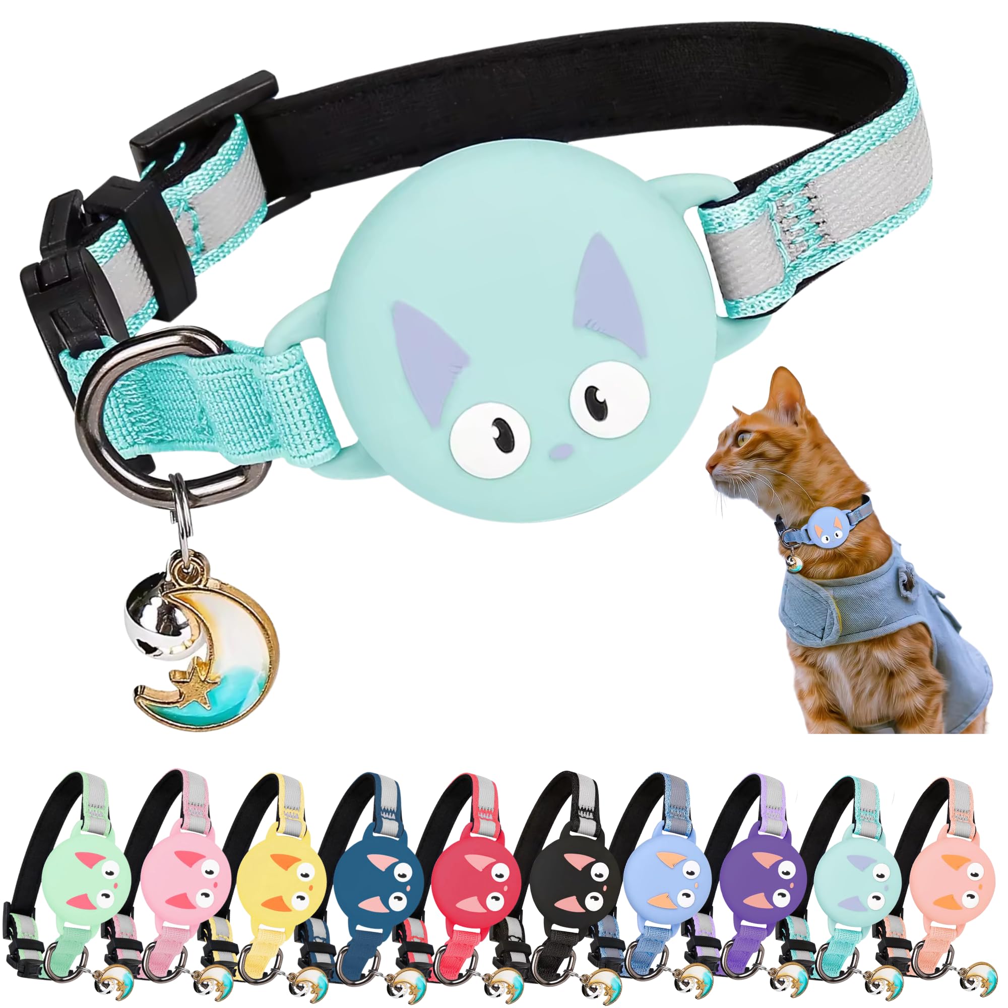 Kittytag Reflective Airtag Cat Collar With Air Tag Holder And Bell, Quick Release Cat Collar, Compatible With Airtag And Iphone, Safe, Adjustable, And Anti-choke Apple Airtag Holder (Turquoise) — image 1