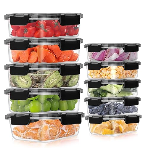 10 Pack Glass Meal Prep Containers, Airtight Glass Food Containers, Stackable Glass Food Storage Containers Set with Lids,BPA-Free, for Microwave, Oven, Freezer and Dishwasher