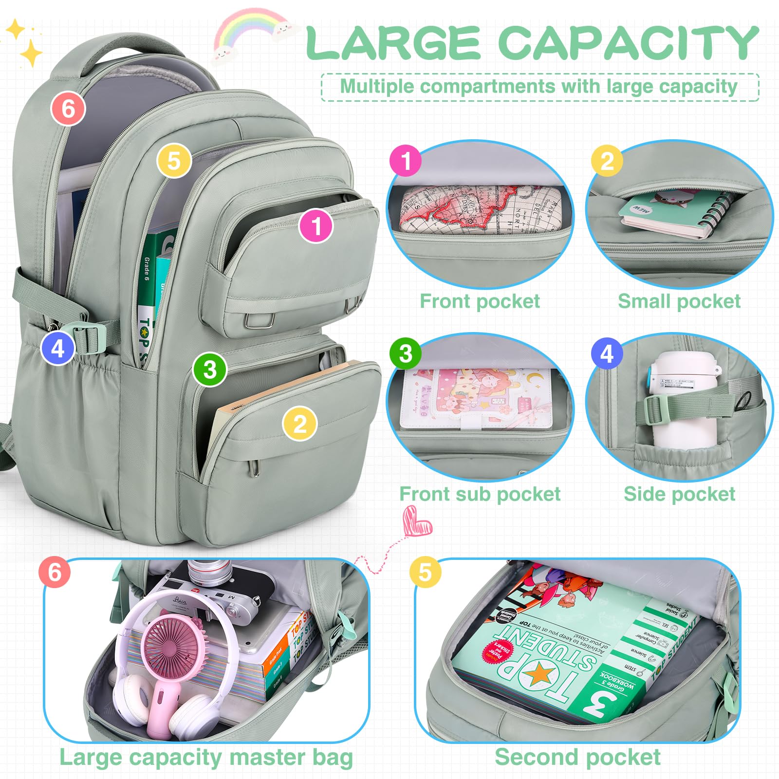 School Backpack for Kids Girls Cute Travel Backapck for College Women Men Casual Laptop Bookbag for Teen Student(Green)